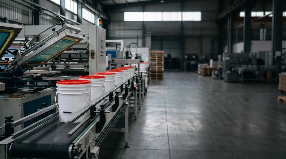 Plain white plastic pails with red lids on a conveyor at a printing line