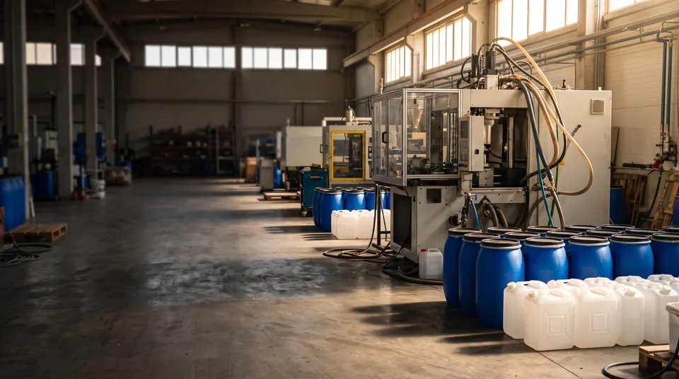 A moulding machine with rows of blue plastic drums and white jerry cans on a factory floor