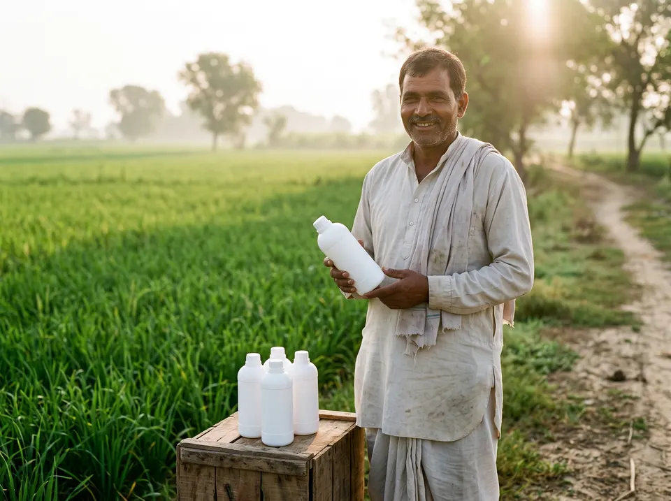 A farmer holding a plastic bottle beside a field