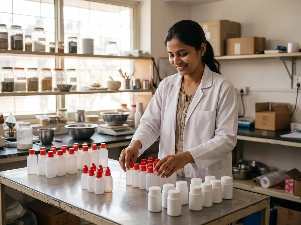 A worker arranging small plastic bottles