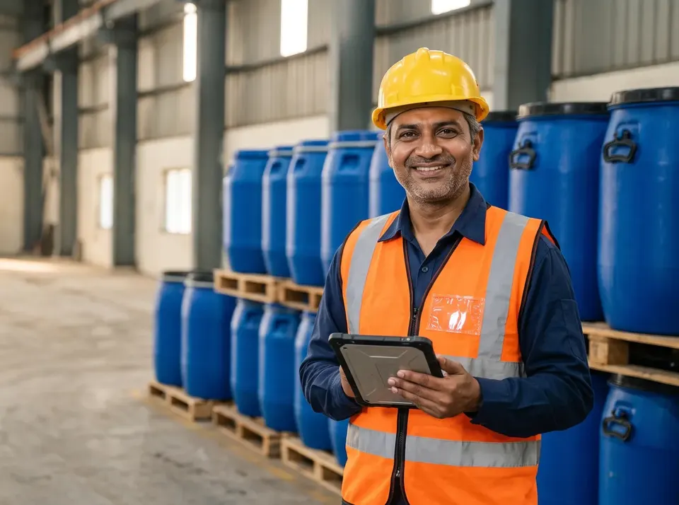 A supervisor beside blue plastic drums
