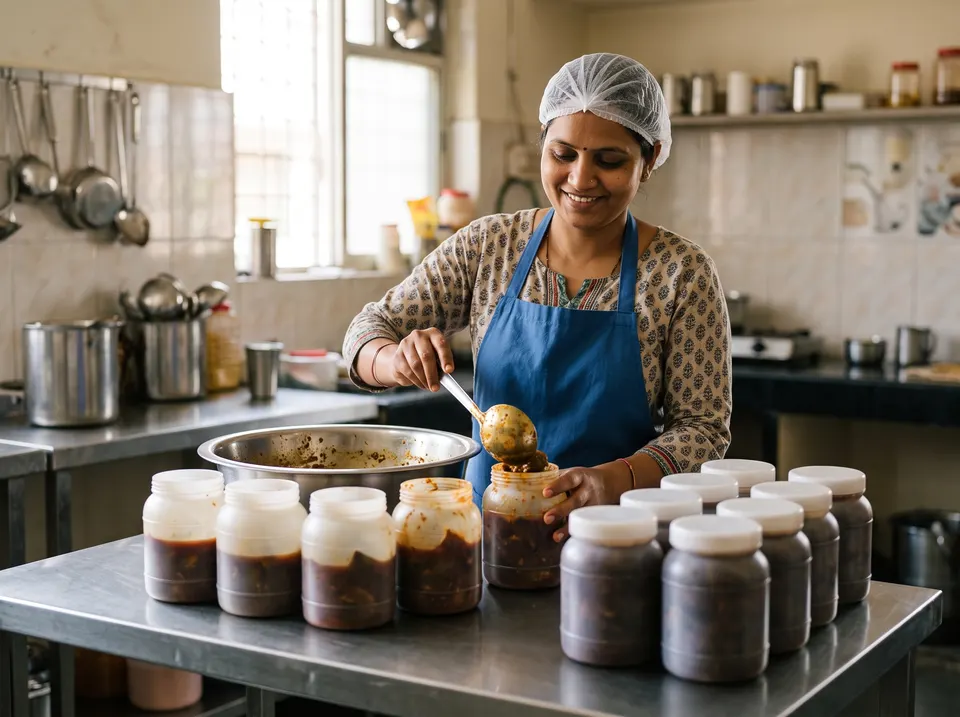 A worker filling plastic jars with pickle