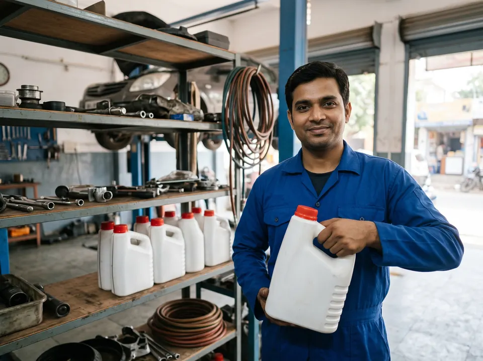 A mechanic holding a plastic oil can