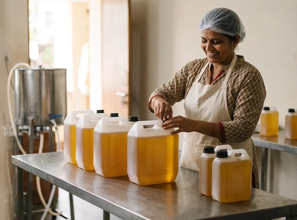 A worker closing a jerry can of edible oil