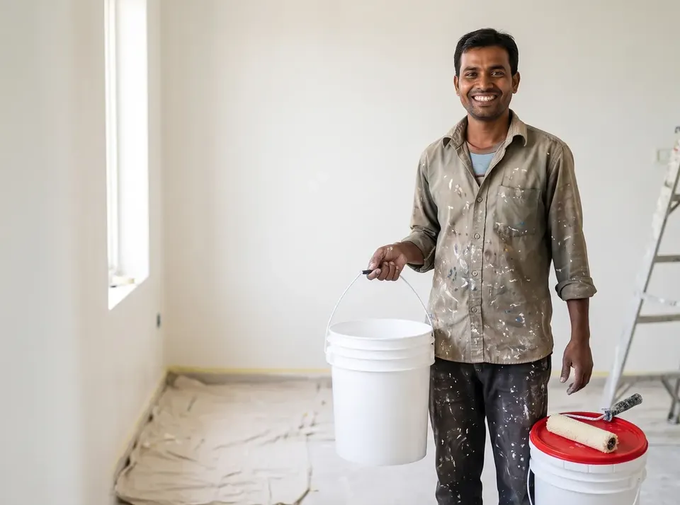 A painter holding a white plastic pail
