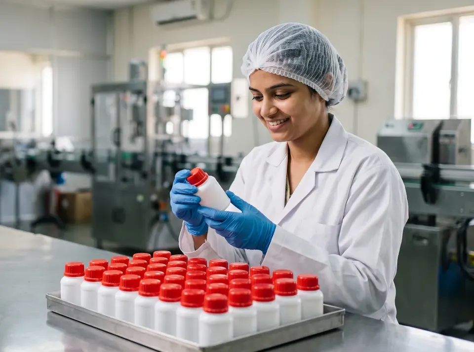 A technician checking small plastic bottles